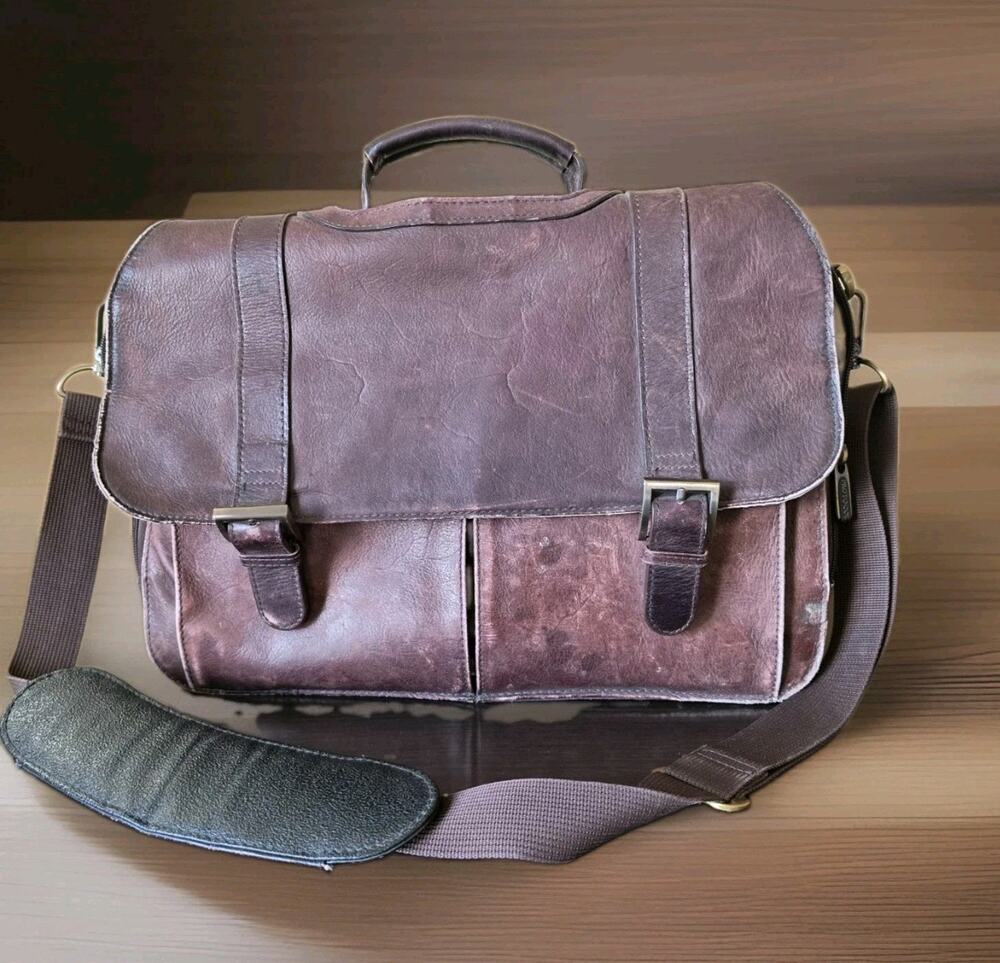 PROTOCOL BROWN GENUINE LEATHER LAPTOP SHOULDER MESSENGER BRIEFCASE BAG Authentic